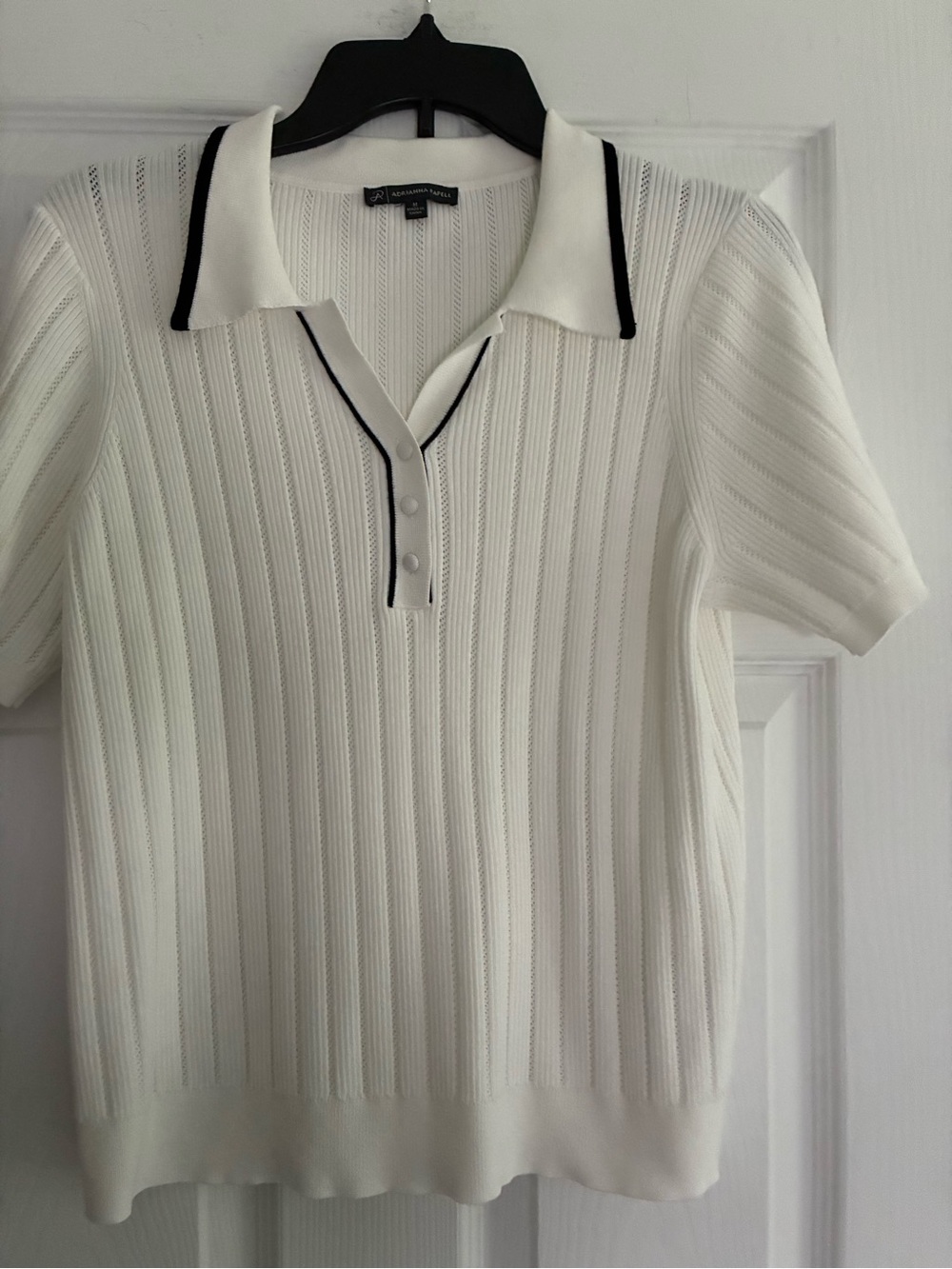 Adrianna Papell White Short-Sleeve Polo Top with Black Trim